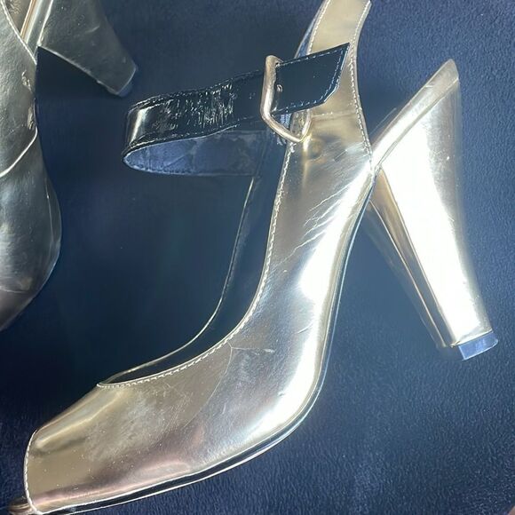 STEVE MADDEN GOLD METALLIC SLING BACK HIGH HEEL WOMEN'S PEP TOE SHOES SIZE 7 M - Picture 4 of 15